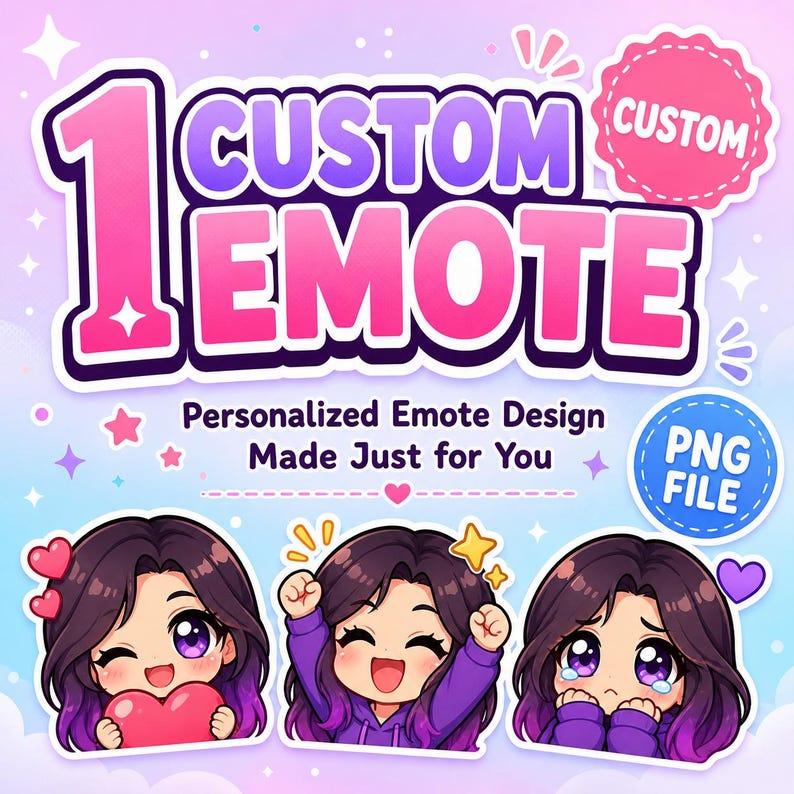 K&ouml;nnte beinhalten: Ein digitales Grafikdesign mit dem Text "1 CUSTOM EMOTE" in Pink und Lila. Darunter sind drei Cartoon-Emotes mit verschiedenen Ausdr&uuml;cken abgebildet. Der Text "Personalized Emote Design Made Just for You" ist ebenfalls enthalten.