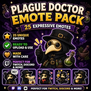 Pu&ograve; includere: Grafica di arte digitale per un "Plague Doctor Emote Pack" con 25 emote espressive. L'immagine presenta un dottore della peste dei cartoni animati con un gesto di pollice in su, fiale ed esempi di emote aggiuntivi. Il testo include "Ready to Upload & Use".