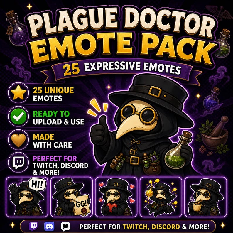 Pu&ograve; includere: Grafica di arte digitale per un "Plague Doctor Emote Pack" con 25 emote espressive. L'immagine presenta un dottore della peste dei cartoni animati con un gesto di pollice in su, fiale ed esempi di emote aggiuntivi. Il testo include "Ready to Upload & Use".