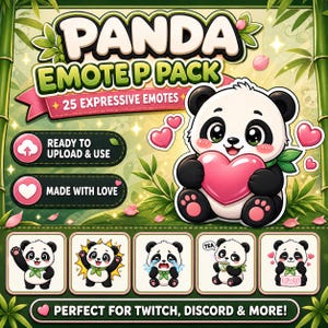 K&ouml;nnte beinhalten: Digitalgrafik mit einem Panda, der ein rosa Herz h&auml;lt, umgeben von Bambus und rosa Herzen. Der Text lautet "PANDA EMOTE PACK" mit "25 EXPRESSIVE EMOTES". Enth&auml;lt Emotes f&uuml;r Twitch, Discord und mehr. Bereit zum Hochladen und Verwenden, mit Liebe gemacht.