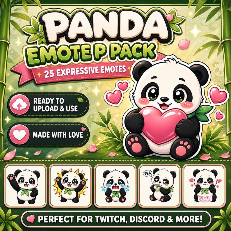 K&ouml;nnte beinhalten: Digitalgrafik mit einem Panda, der ein rosa Herz h&auml;lt, umgeben von Bambus und rosa Herzen. Der Text lautet "PANDA EMOTE PACK" mit "25 EXPRESSIVE EMOTES". Enth&auml;lt Emotes f&uuml;r Twitch, Discord und mehr. Bereit zum Hochladen und Verwenden, mit Liebe gemacht.