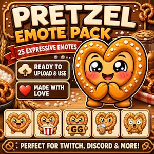 Pode incluir: Gr&aacute;fico digital com um personagem em forma de pretzel com um rosto sorridente e v&aacute;rias express&otilde;es. A imagem inclui o texto "PRETZEL EMOTE PACK" e "25 EXPRESSIVE EMOTES". O texto adicional diz "READY TO UPLOAD & USE" e "MADE WITH LOVE". O texto inferior diz "PERFECT FOR TWITCH, DISCORD & MORE!"