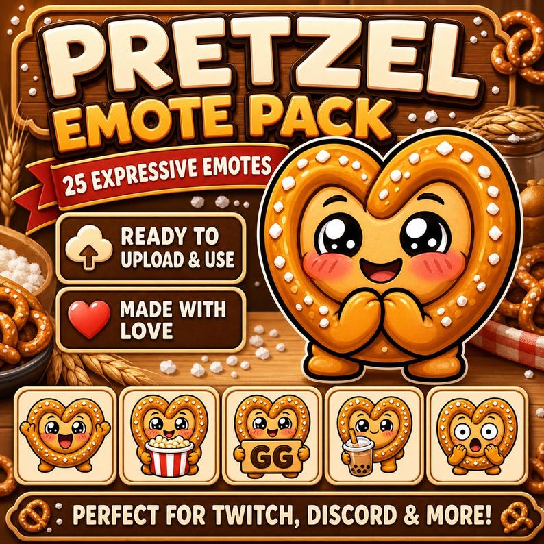 Pode incluir: Gr&aacute;fico digital com um personagem em forma de pretzel com um rosto sorridente e v&aacute;rias express&otilde;es. A imagem inclui o texto "PRETZEL EMOTE PACK" e "25 EXPRESSIVE EMOTES". O texto adicional diz "READY TO UPLOAD & USE" e "MADE WITH LOVE". O texto inferior diz "PERFECT FOR TWITCH, DISCORD & MORE!"