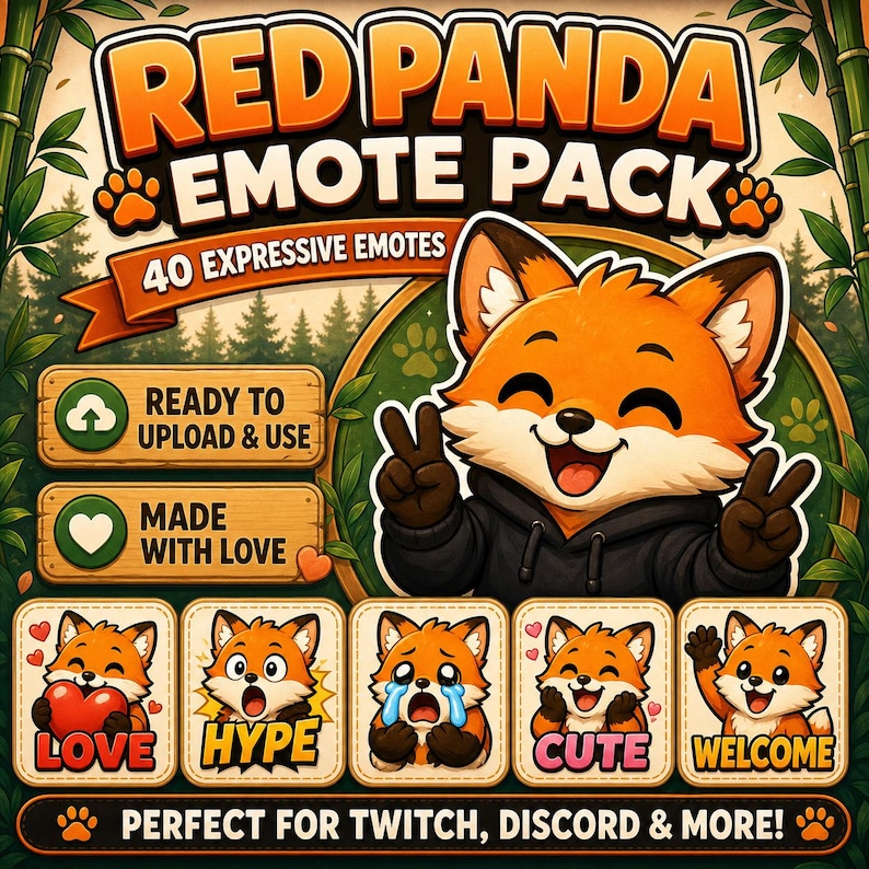 Pode incluir: Gr&aacute;fico digital para um pacote de emotes Red Panda. A imagem apresenta um panda vermelho de desenho animado com um capuz preto, fazendo o sinal de paz. O texto diz "Red Panda Emote Pack" e "40 Expressive Emotes". Abaixo est&atilde;o exemplos de emotes com as palavras "Love", "Hype", "Cute" e "Welcome".