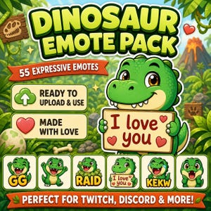 Pode incluir: Um gr&aacute;fico vibrante que promove um "Pacote de emotes de dinossauro" com 55 emotes expressivos. A imagem apresenta um simp&aacute;tico dinossauro verde segurando uma placa que diz "I love you". Texto adicional inclui "Ready to Upload & Use" e "Made with Love".