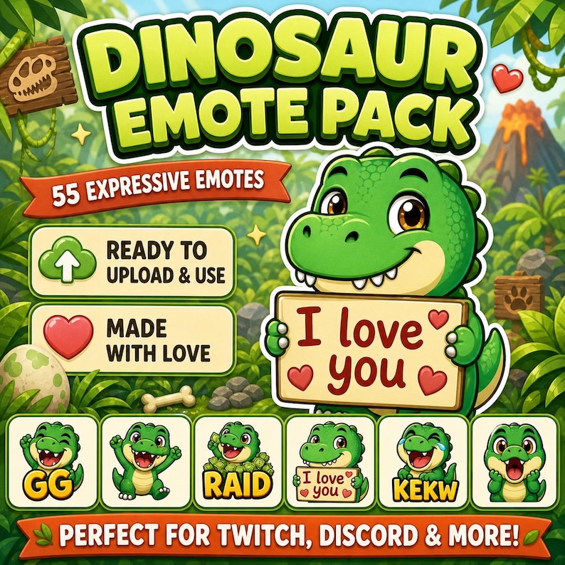 Pode incluir: Um gr&aacute;fico vibrante que promove um "Pacote de emotes de dinossauro" com 55 emotes expressivos. A imagem apresenta um simp&aacute;tico dinossauro verde segurando uma placa que diz "I love you". Texto adicional inclui "Ready to Upload & Use" e "Made with Love".