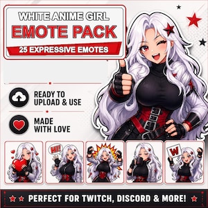 Pu&ograve; includere: Un pacchetto di arte digitale con una ragazza anime dai capelli bianchi. Il pacchetto include 25 emote espressive, pronte per essere caricate e utilizzate. Il design include una posa con il pollice in su e diversi esempi di emote pi&ugrave; piccoli. Il testo sull'immagine recita "White Anime Girl Emote Pack."