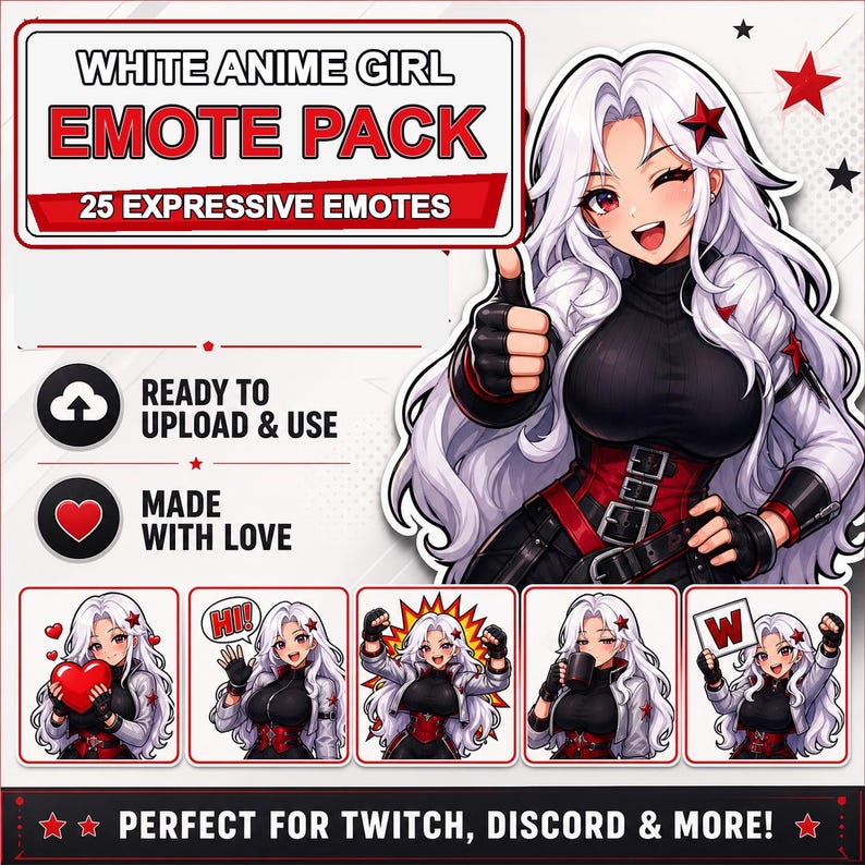 Pu&ograve; includere: Un pacchetto di arte digitale con una ragazza anime dai capelli bianchi. Il pacchetto include 25 emote espressive, pronte per essere caricate e utilizzate. Il design include una posa con il pollice in su e diversi esempi di emote pi&ugrave; piccoli. Il testo sull'immagine recita "White Anime Girl Emote Pack."