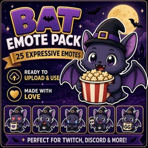 K&ouml;nnte beinhalten: Ein digitales Grafikdesign f&uuml;r ein "BAT EMOTE PACK" mit einer Cartoon-Fledermaus mit Hexenhut, die Popcorn h&auml;lt. Das Bild enth&auml;lt den Text "25 AUSDRUCKSSTARKE EMOTES", "BEREIT ZUM HOCHLADEN & VERWENDEN" und "MIT LIEBE GEMACHT".
