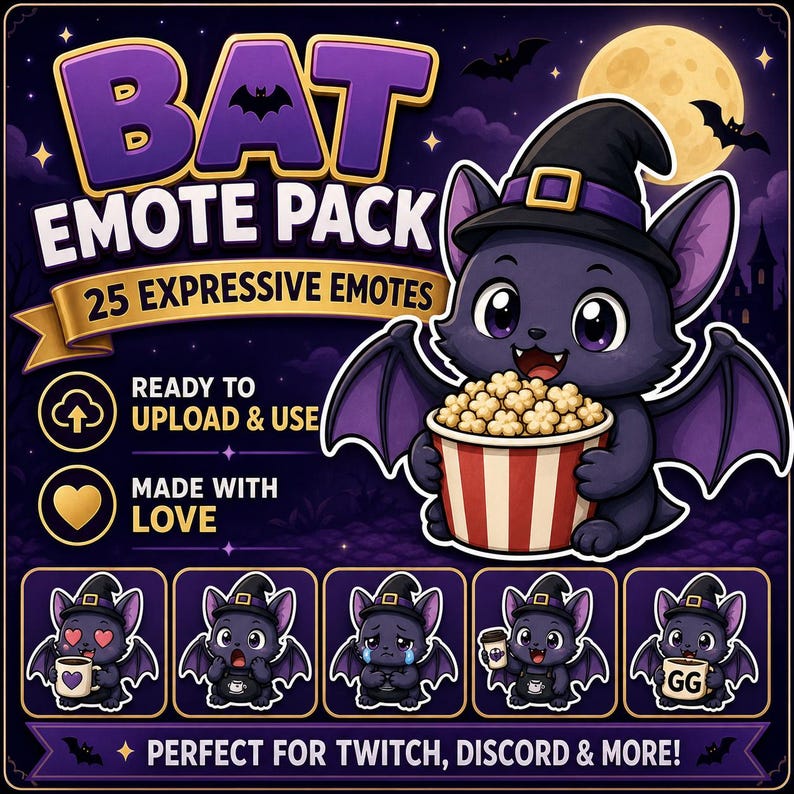 K&ouml;nnte beinhalten: Ein digitales Grafikdesign f&uuml;r ein "BAT EMOTE PACK" mit einer Cartoon-Fledermaus mit Hexenhut, die Popcorn h&auml;lt. Das Bild enth&auml;lt den Text "25 AUSDRUCKSSTARKE EMOTES", "BEREIT ZUM HOCHLADEN & VERWENDEN" und "MIT LIEBE GEMACHT".
