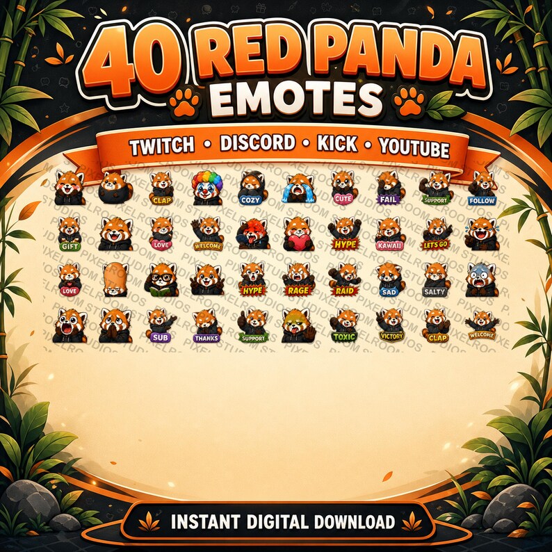 Pode incluir: Gr&aacute;fico digital com 40 emotes de panda vermelho para Twitch, Discord, Kick e YouTube. Os emotes mostram v&aacute;rias express&otilde;es e a&ccedil;&otilde;es, com etiquetas como "Love", "Hype" e "Thanks". O design tem um fundo tem&aacute;tico de bambu.