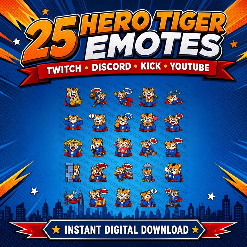 Puede incluir: Gr&aacute;fico digital con 25 emotes de tigre de dibujos animados con disfraces de superh&eacute;roes. El texto dice "Hero Tiger Emotes" y enumera Twitch, Discord, Kick y YouTube. El fondo es azul con una silueta de ciudad.