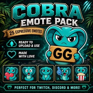 Puede incluir: Un personaje de dibujos animados de cobra turquesa sosteniendo un letrero de madera con "GG", parte de un paquete de emoticonos. La imagen incluye el texto "COBRA EMOTE PACK" y "25 EXPRESSIVE EMOTES". Emoticonos adicionales muestran la cobra con diferentes expresiones. Tambi&eacute;n se incluye el texto "READY TO UPLOAD & USE" y "MADE WITH LOVE".