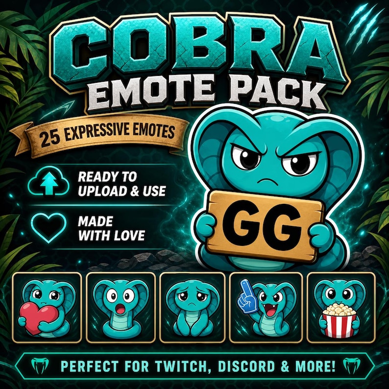 Puede incluir: Un personaje de dibujos animados de cobra turquesa sosteniendo un letrero de madera con "GG", parte de un paquete de emoticonos. La imagen incluye el texto "COBRA EMOTE PACK" y "25 EXPRESSIVE EMOTES". Emoticonos adicionales muestran la cobra con diferentes expresiones. Tambi&eacute;n se incluye el texto "READY TO UPLOAD & USE" y "MADE WITH LOVE".