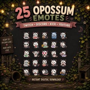 Peut inclure: Graphique num&eacute;rique avec 25 emotes d'opossum pour Twitch, Discord, Kick et YouTube. Les emotes affichent diverses expressions et actions. Le texte comprend "25 Opossum Emotes" et "T&eacute;l&eacute;chargement num&eacute;rique instantan&eacute;."