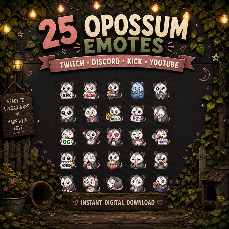 Peut inclure: Graphique num&eacute;rique avec 25 emotes d'opossum pour Twitch, Discord, Kick et YouTube. Les emotes affichent diverses expressions et actions. Le texte comprend "25 Opossum Emotes" et "T&eacute;l&eacute;chargement num&eacute;rique instantan&eacute;."