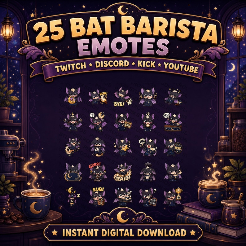 May include: Digital download graphic featuring 25 bat barista emotes. The emotes are in a cartoon style, with bats in various poses and expressions. The text "25 BAT BARISTA EMOTES" is at the top, with "TWITCH * DISCORD * KICK * YOUTUBE" below. "INSTANT DIGITAL DOWNLOAD" is at the bottom.
