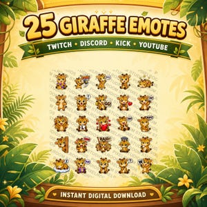 Puede incluir: Gr&aacute;fico de descarga digital con 25 emotes de jirafa para Twitch, Discord, Kick y YouTube. Los emotes muestran varias expresiones y acciones, sobre un fondo con tem&aacute;tica de jungla con el texto "25 GIRAFFE EMOTES".