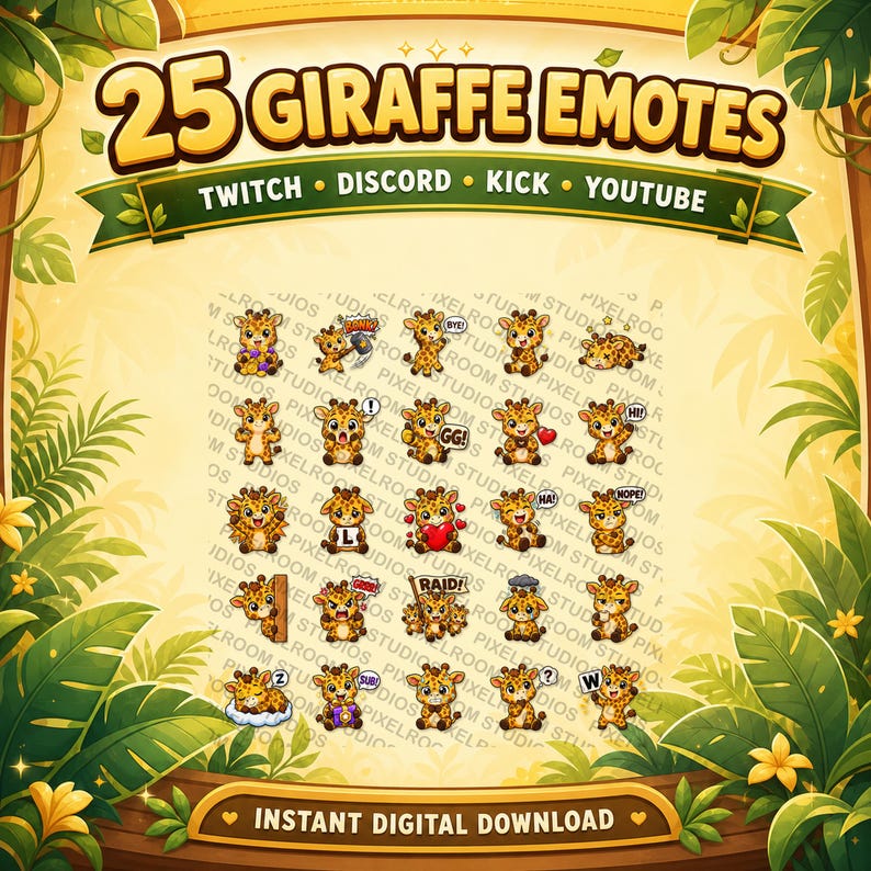 Puede incluir: Gr&aacute;fico de descarga digital con 25 emotes de jirafa para Twitch, Discord, Kick y YouTube. Los emotes muestran varias expresiones y acciones, sobre un fondo con tem&aacute;tica de jungla con el texto "25 GIRAFFE EMOTES".