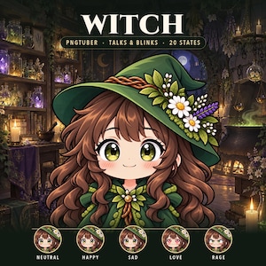 Chibi Hexe PNGTuber für Veadotube | Premade VTuber Model mit 5 Moods + 20 Zuständen