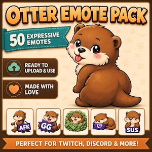 Puede incluir: Gr&aacute;fico de arte digital con una nutria marr&oacute;n con la lengua rosa y una pancarta que dice "Otter Emote Pack". El paquete incluye 50 emoticonos expresivos, listos para subir y usar. La pancarta inferior dice "Perfecto para Twitch, Discord & More!"