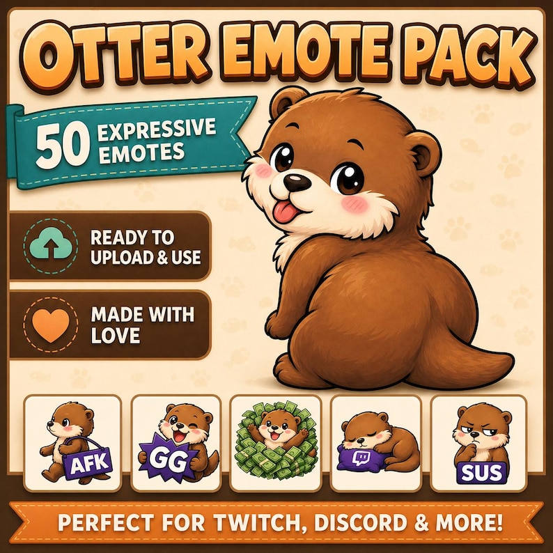 Puede incluir: Gr&aacute;fico de arte digital con una nutria marr&oacute;n con la lengua rosa y una pancarta que dice "Otter Emote Pack". El paquete incluye 50 emoticonos expresivos, listos para subir y usar. La pancarta inferior dice "Perfecto para Twitch, Discord & More!"