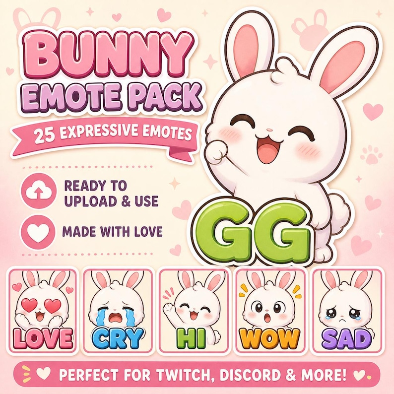Op de afbeelding: Afbeelding van een Bunny Emote Pack met een vrolijk wit konijn. Het pakket bevat 25 expressieve emotes, waaronder "Love", "Cry", "Hi", "Wow" en "Sad". De tekst luidt "Ready to Upload & Use" en "Made with Love".