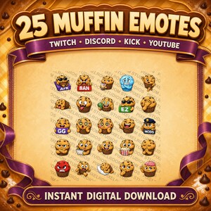 Puede incluir: Gr&aacute;fico de descarga digital con 25 emoticonos de magdalenas con diversas expresiones. La imagen incluye el texto "25 MUFFIN EMOTES" y "DESCARGA DIGITAL INSTANT&Aacute;NEA". Los emoticonos est&aacute;n dise&ntilde;ados para Twitch, Discord, Kick y YouTube.