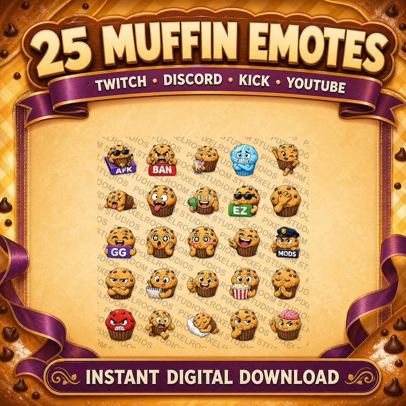 Puede incluir: Gr&aacute;fico de descarga digital con 25 emoticonos de magdalenas con diversas expresiones. La imagen incluye el texto "25 MUFFIN EMOTES" y "DESCARGA DIGITAL INSTANT&Aacute;NEA". Los emoticonos est&aacute;n dise&ntilde;ados para Twitch, Discord, Kick y YouTube.