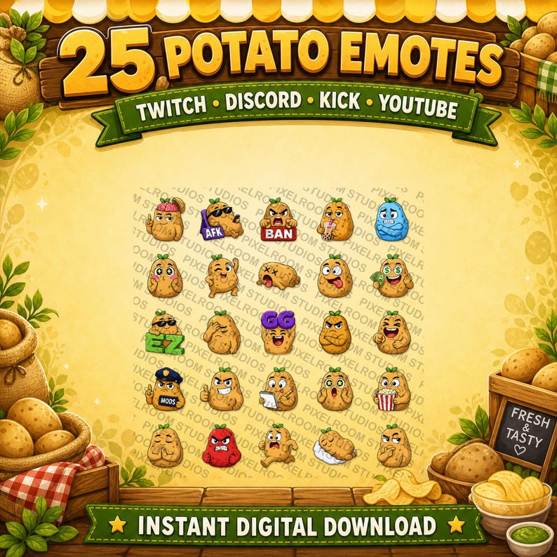 May include: A digital graphic featuring 25 potato-themed emotes for Twitch, Discord, Kick, and YouTube. The emotes have various expressions and are set against a light yellow background. The image includes text that says "25 POTATO EMOTES" and "INSTANT DIGITAL DOWNLOAD."