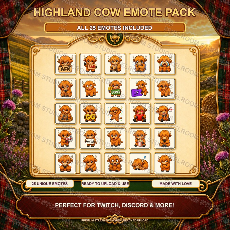 May include: A digital art pack with 25 Highland cow emotes. The emotes depict cartoon Highland cows in different poses and expressions. The background shows a rural scene. Text includes "HIGHLAND COW EMOTE PACK" and "ALL 25 EMOTES INCLUDED."