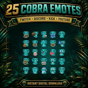 Puede incluir: Gr&aacute;fico de descarga digital con 25 emoticonos de cobra en varias expresiones. Los emoticonos son de color verde azulado con contornos negros y est&aacute;n sobre un fondo verde oscuro con follaje tropical. El texto incluye "25 COBRA EMOTES" y nombres de plataformas.