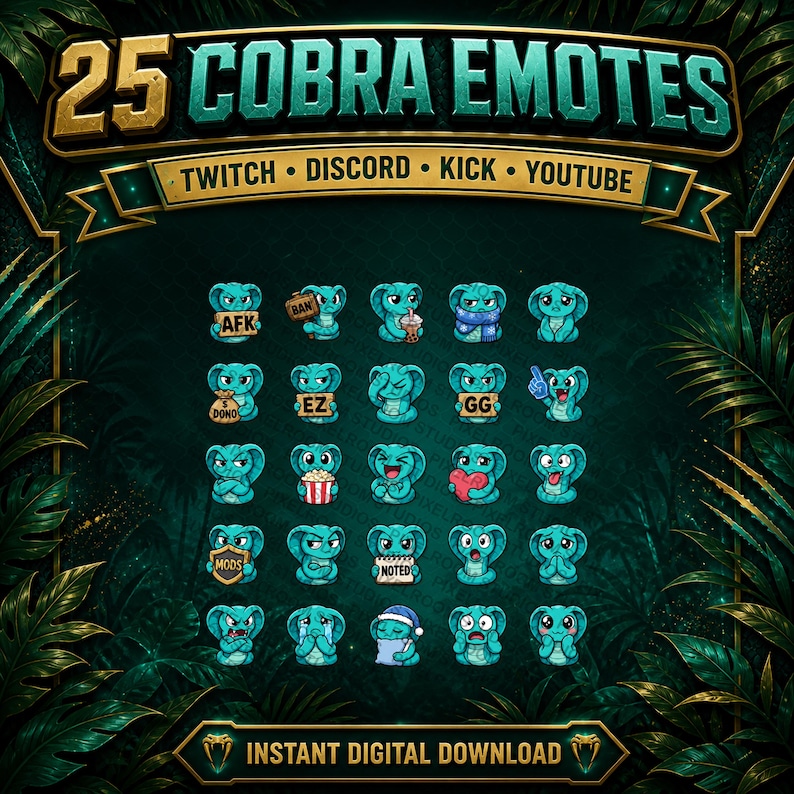 Puede incluir: Gr&aacute;fico de descarga digital con 25 emoticonos de cobra en varias expresiones. Los emoticonos son de color verde azulado con contornos negros y est&aacute;n sobre un fondo verde oscuro con follaje tropical. El texto incluye "25 COBRA EMOTES" y nombres de plataformas.