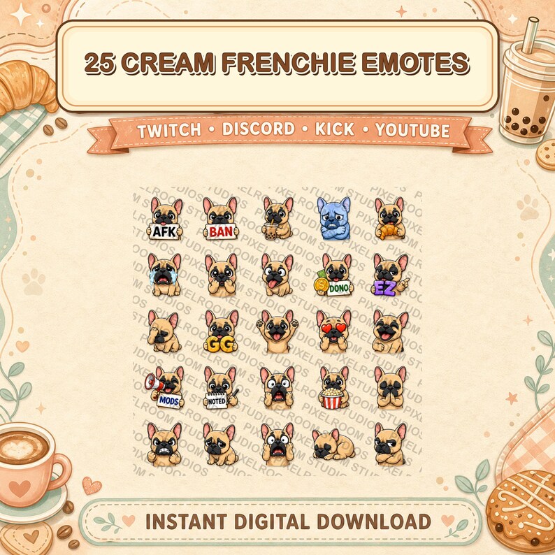May include: A digital download graphic featuring 25 cream-colored French Bulldog emotes. The emotes are in various expressions and poses. The image includes text that says "25 CREAM FRENCHIE EMOTES" and "INSTANT DIGITAL DOWNLOAD".