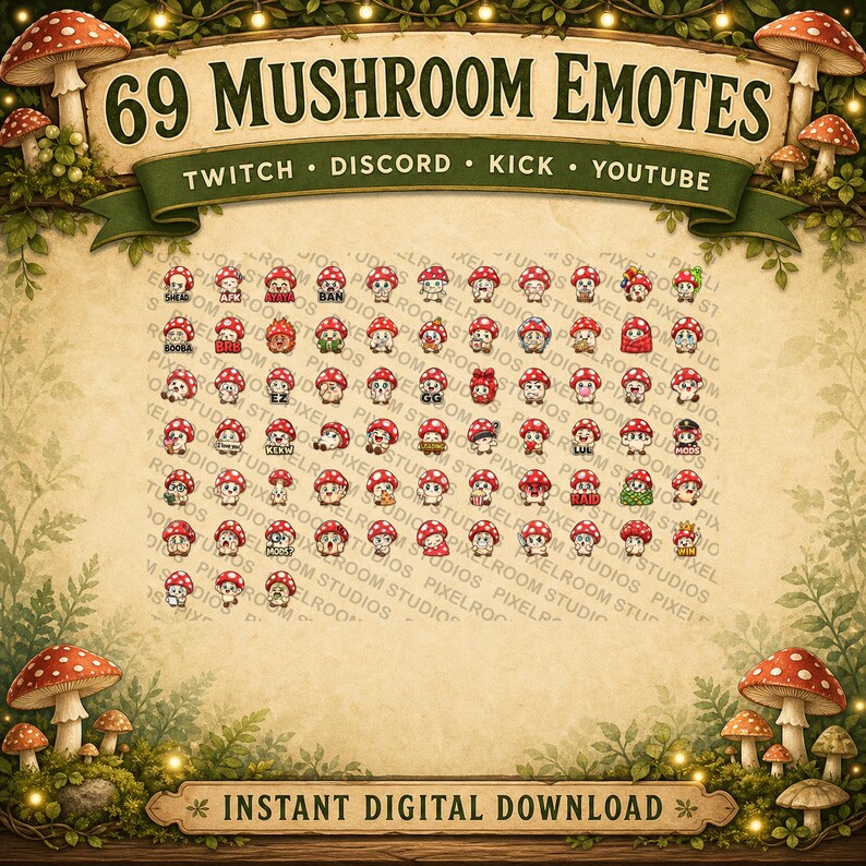 May include: A digital download graphic featuring 69 mushroom emotes. The emotes are small, cartoon-style illustrations of mushrooms with various expressions and accessories. The banner reads "69 MUSHROOM EMOTES" with platform names: Twitch, Discord, Kick, and YouTube.