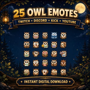 K&ouml;nnte beinhalten: Digitales Bild mit 25 Emojis von Eulen, geeignet f&uuml;r Twitch, Discord, Kick und YouTube. Die Eulen zeigen verschiedene Ausdr&uuml;cke. Der Text lautet "25 OWL EMOTES" und "INSTANT DIGITAL DOWNLOAD".