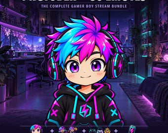 ネオンゲーマーボーイ PNGTuberとTwitchエモートバンドル | 30個のパック、サブバッジ+チャンネルポイント