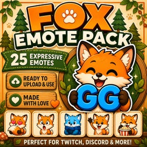 Op de afbeelding: Een digitale kunstafbeelding voor een fox emote pack. De oranje tekst luidt "FOX EMOTE PACK" met een pootafdruk. De afbeelding bevat een lachende vos met de letters "GG" en vier kleinere vos emotes. De tekst luidt "25 EXPRESSIEVE EMOTES".