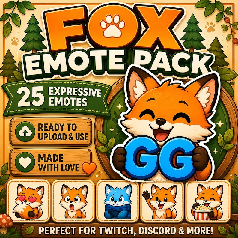 Op de afbeelding: Een digitale kunstafbeelding voor een fox emote pack. De oranje tekst luidt "FOX EMOTE PACK" met een pootafdruk. De afbeelding bevat een lachende vos met de letters "GG" en vier kleinere vos emotes. De tekst luidt "25 EXPRESSIEVE EMOTES".