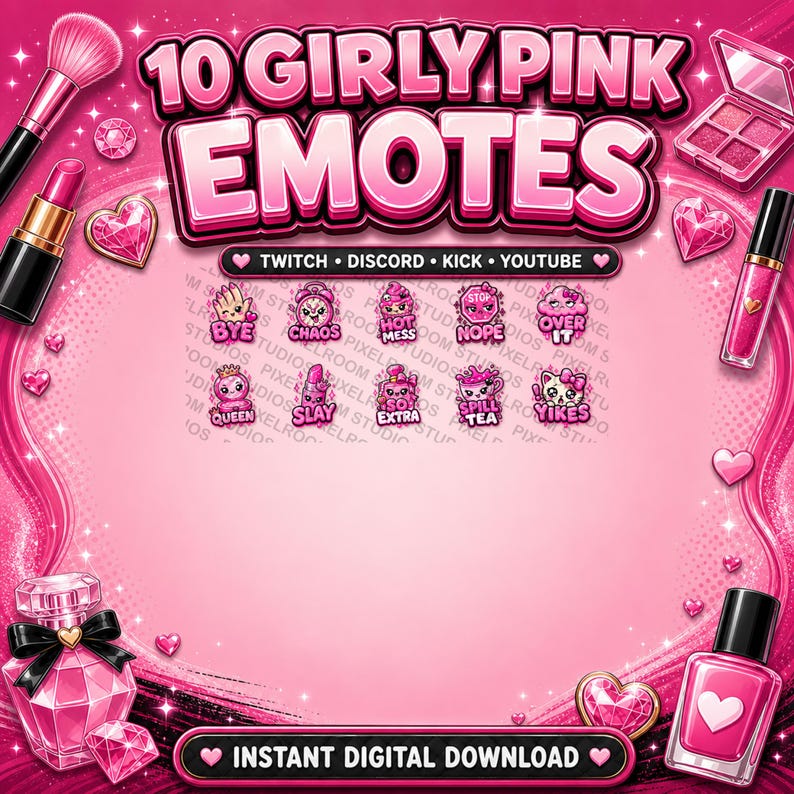 Puede incluir: Gr&aacute;fico digital rosa con el texto "10 Girly Pink Emotes". La imagen presenta varios emotes, maquillaje y las palabras "Twitch, Discord, Kick, YouTube" y "Instant Digital Download".