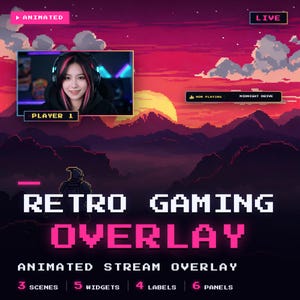 Könnte beinhalten: Ein digitales Stream-Overlay mit einem Pixel-Art-Sonnenuntergang über Bergen. Es enthält einen Kamerarahmen mit der Beschriftung PLAYER 1, ein NOW PLAYING-Widget mit dem Text MIDNIGHT DRIVE sowie den Text RETRO GAMING OVERLAY, ANIMATED STREAM OVERLAY, 3 SCENES, 5 WIDGETS, 4 LABELS, 6 PANELS.