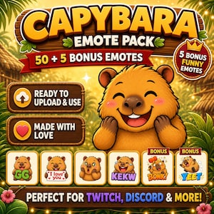 Capybara-emotepakket voor Twitch en Discord | 50 schattige reacties + 5 bonusreacties afbeelding 1