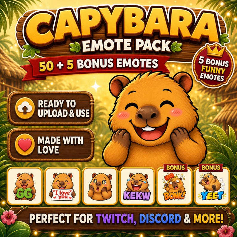 Capybara-emotepakket voor Twitch en Discord | 50 schattige reacties + 5 bonusreacties afbeelding 1