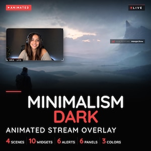 Minimalism Dark Stream Overlay for Twitch OBS | Scenes Alerts Panels 3 Colors