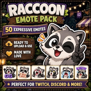 Raccoon Emote Pack for Twitch and Discord | 50 Cute Trash Panda Reactions image 1