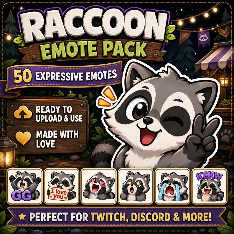 Raccoon Emote Pack for Twitch and Discord | 50 Cute Trash Panda Reactions image 1