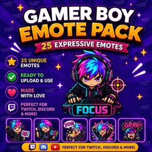 25 Gamer Boy Emote Pack for Twitch and Discord Streamers