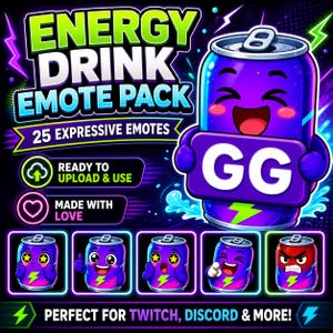 May include: A digital graphic showcasing an energy drink can character with different expressions. The text reads "ENERGY DRINK EMOTE PACK" and "25 EXPRESSIVE EMOTES". The character holds a sign with "GG" on it. Additional text includes "READY TO UPLOAD & USE" and "MADE WITH LOVE".
