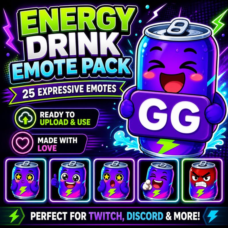 May include: A digital graphic showcasing an energy drink can character with different expressions. The text reads "ENERGY DRINK EMOTE PACK" and "25 EXPRESSIVE EMOTES". The character holds a sign with "GG" on it. Additional text includes "READY TO UPLOAD & USE" and "MADE WITH LOVE".