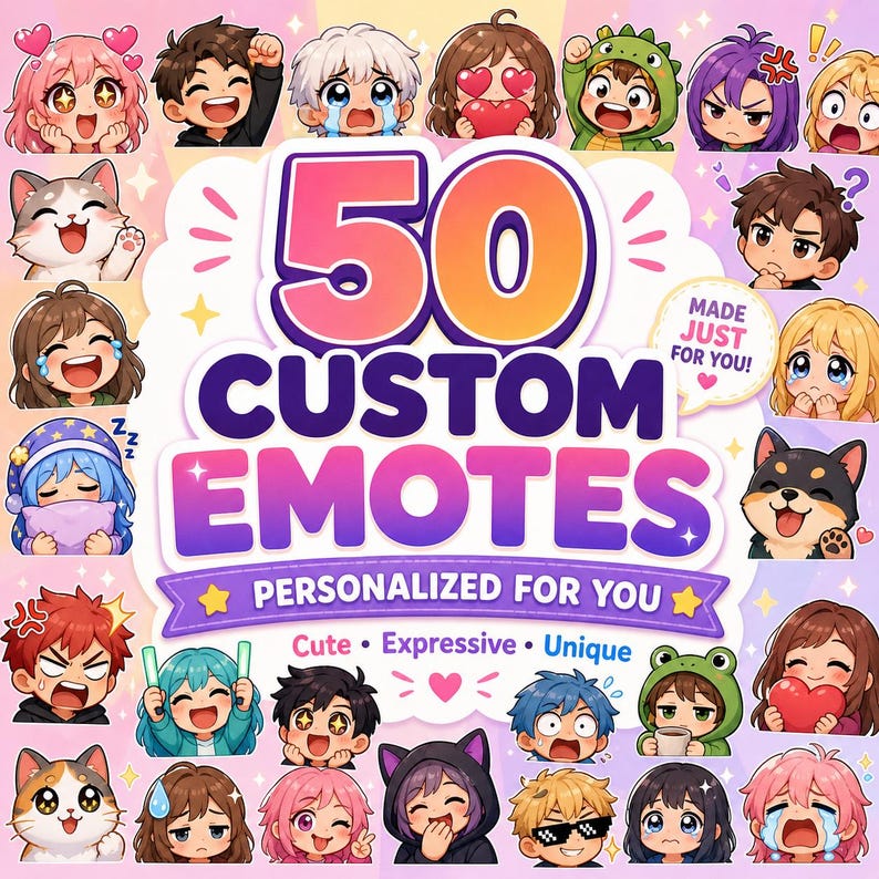 K&ouml;nnte beinhalten: Werbegrafik f&uuml;r benutzerdefinierte Emotes. Das Design zeigt 50 Cartoon-Emotes mit verschiedenen Ausdr&uuml;cken, die den Text "50 CUSTOM EMOTES" umgeben. Zus&auml;tzlicher Text lautet "PERSONALISIERT F&Uuml;R DICH" und "Cute &bull; Expressive &bull; Unique".
